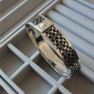 Authentic Coach Silver Tone black C Signature 1/2" Bangle Cuff Bracelet